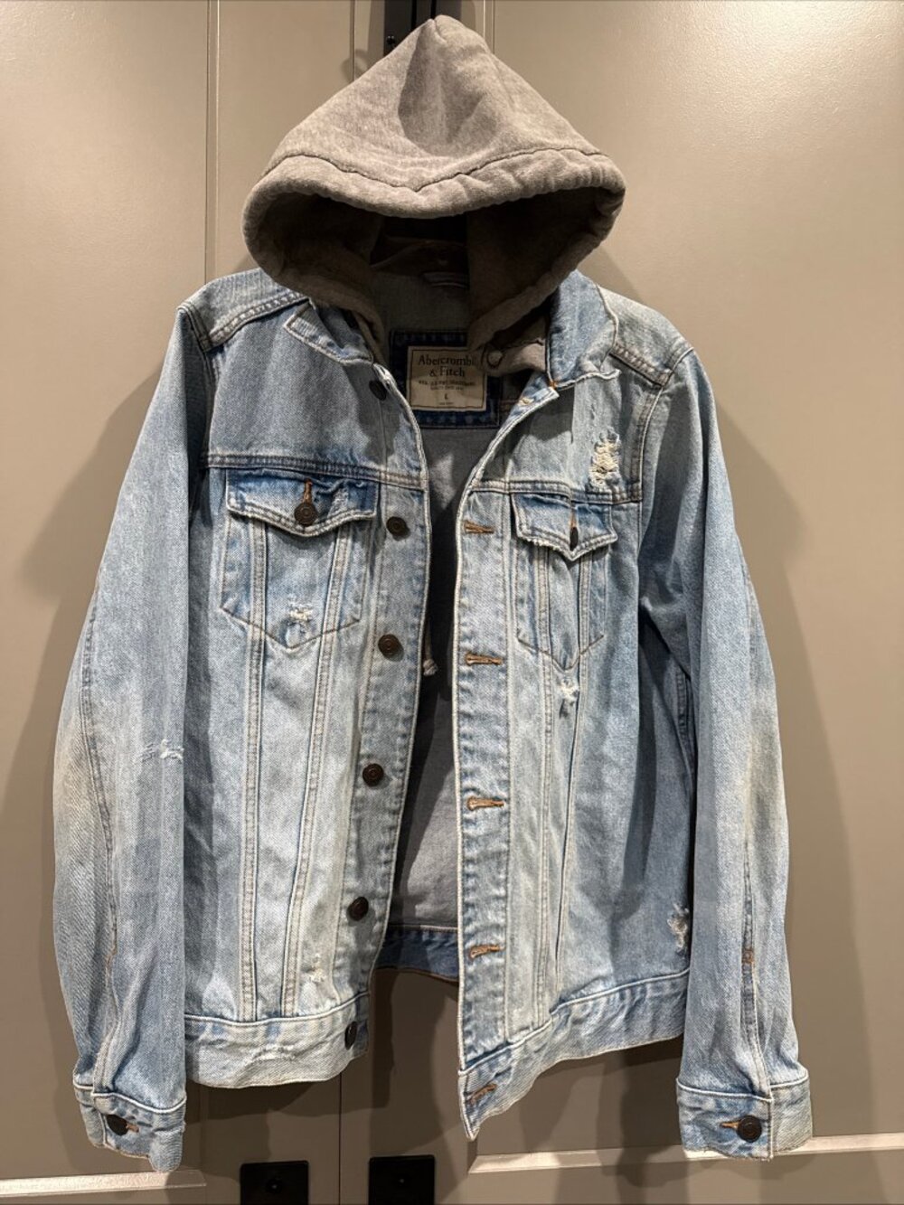 A&F Abercrombie&Fitch Men Denim Hoodie Jacket Buttons Washed Blue Large